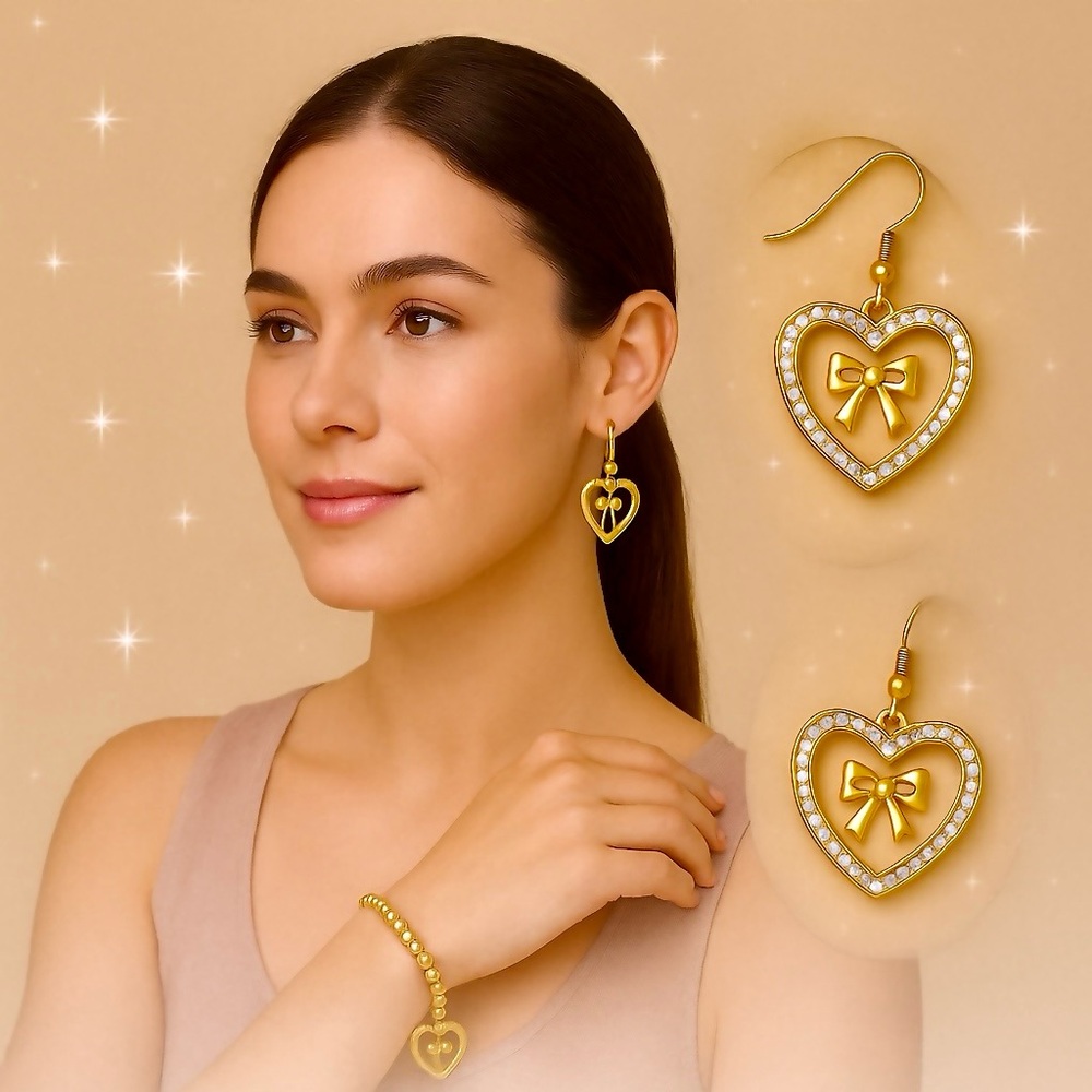 Gold Heart Earrings and Bracelet with Bow Design